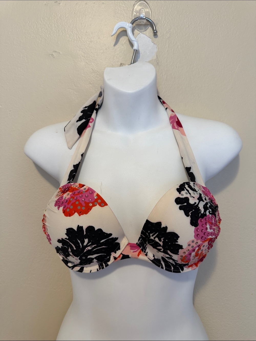 Victoria's Secret Cream Halter Push-Up Bra with Pink & Black Floral